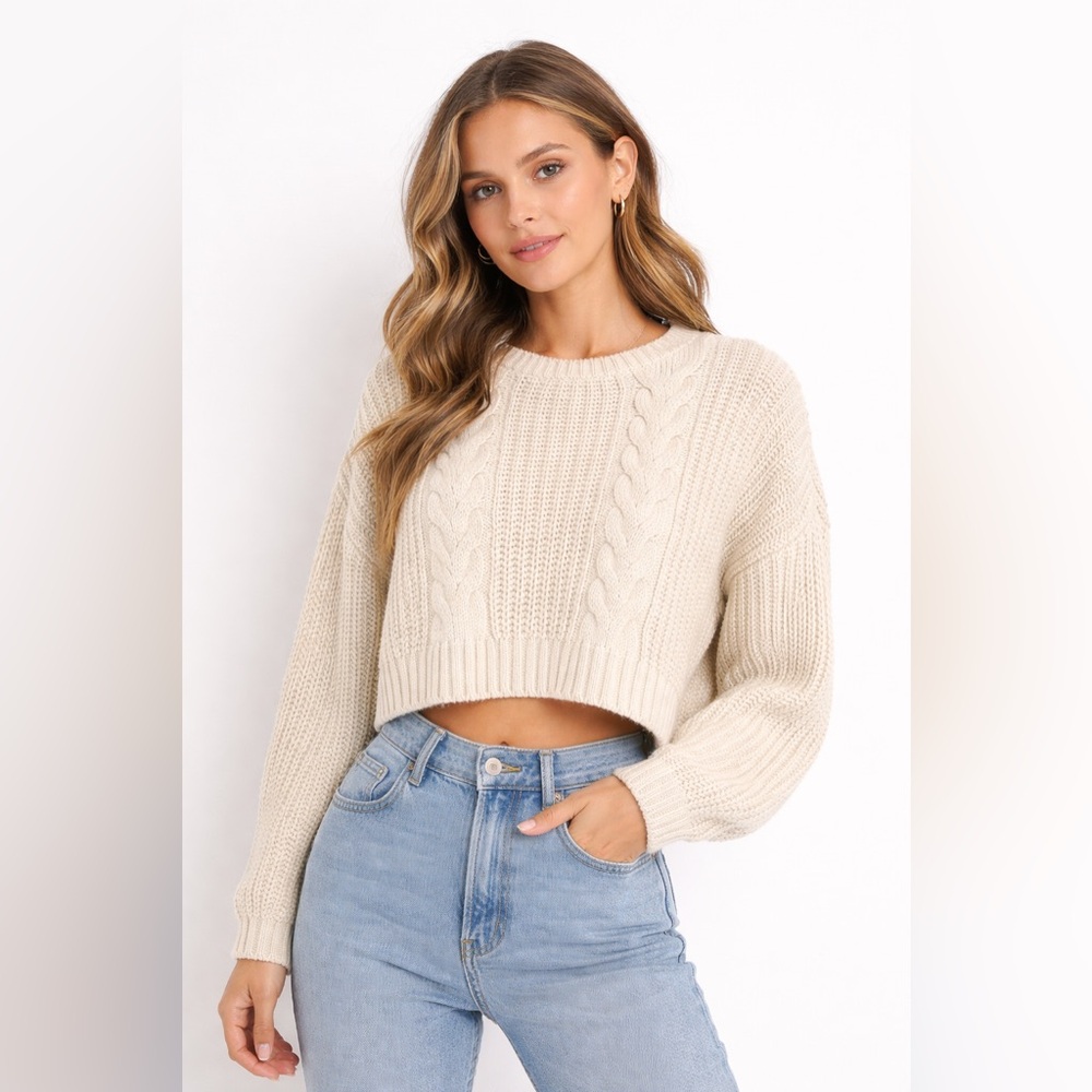 Urban Outfitters BDG Cable Knit Sweater Cropped Cream